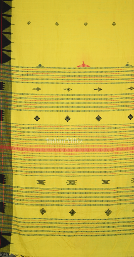 Yellow Red Fish Motif Odisha Handloom Natural Dye Kotpad Cotton Saree