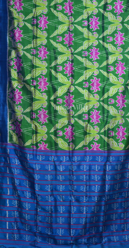 Green Blue Lotus Parrot Odisha Ikat Contemporary Designer Silk Saree