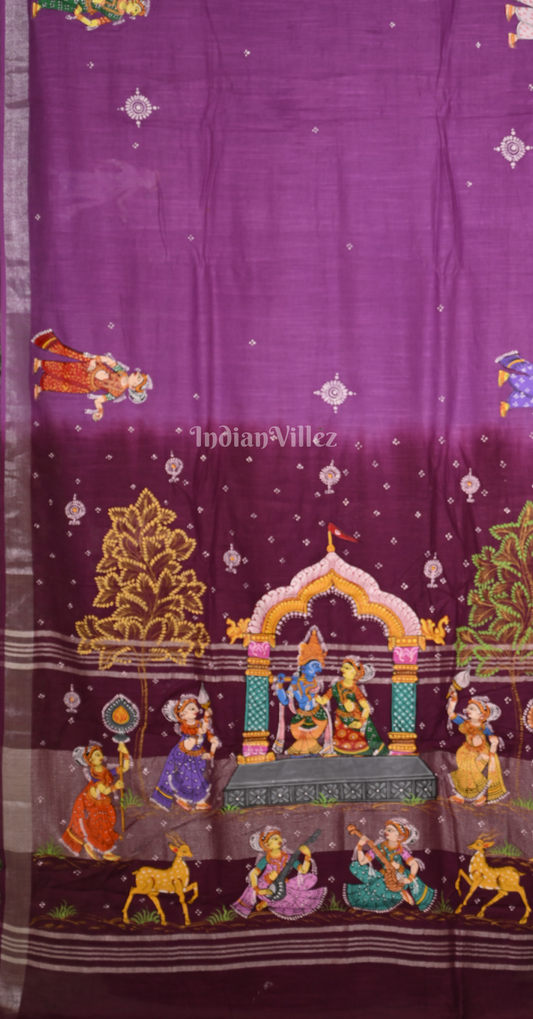 Purple Wine Krishna Rasa Leela Hand-Painted Pattachitra Saree
