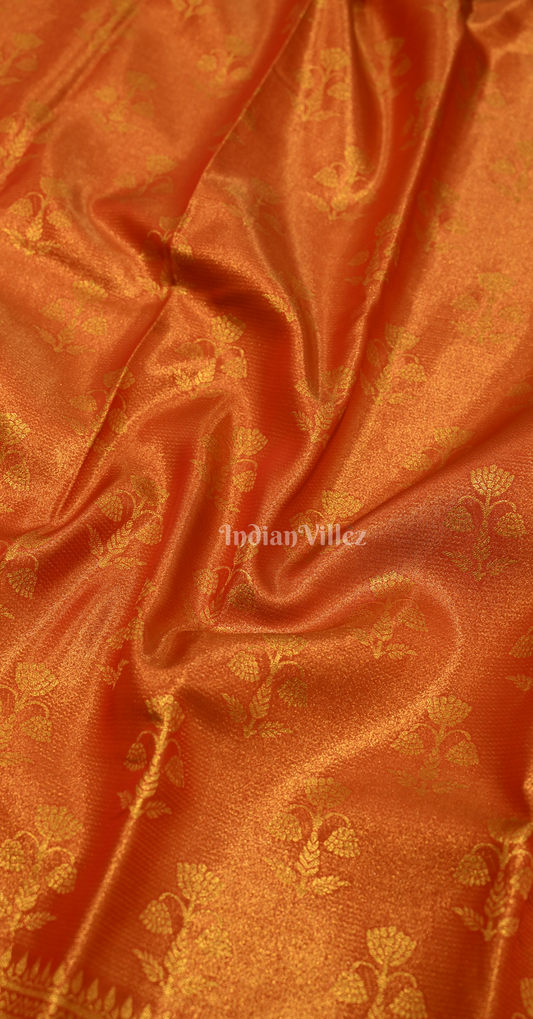 Exclusive Red Orange Floral Pure Kanjivaram Tissue Silk Saree