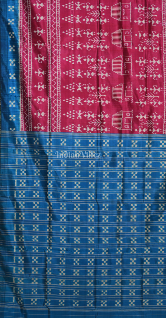 Magenta Pink Blue Tribal Theme Odisha Ikat Contemporary Designer Silk Saree