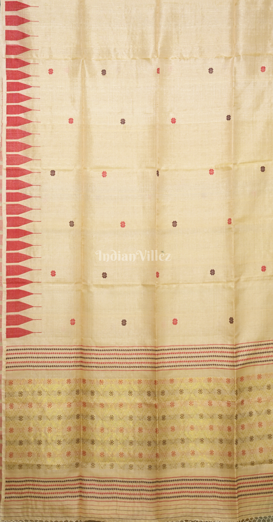 Beige with Red Coffee Buti Design Tussar Silk Jamdani Saree