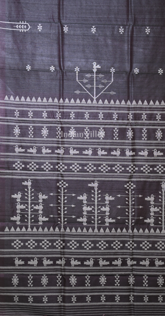Grey Gopalpur Tussar Silk Saree Inspired by Ganjam Bomkai Theme