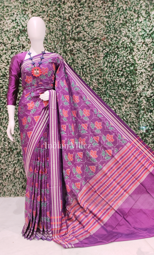 Purple Laal Mandar Flower Motif Sambalpuri Silk Saree