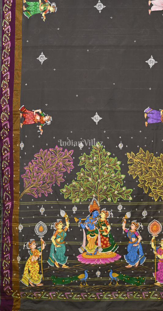 Grey Radha Krishna Raas Hand-Painted Pattachitra Saree