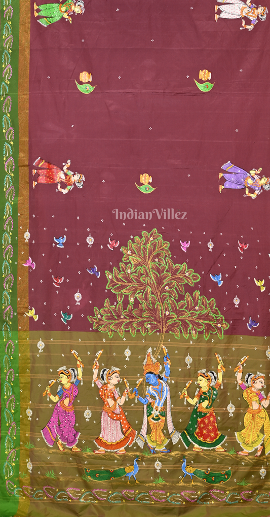 Maroon Green Maroon Krishna Raas Hand-Painted Pattachitra Saree