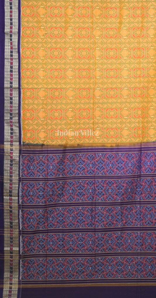 Mustard Yellow Purple Floral Motif Odisha Ikat Sambalpuri Cotton Saree