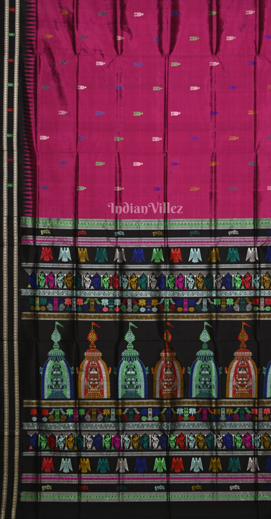 Magenta Pink Black Shree Mandir Theme Bomkai Sambalpuri Silk Saree