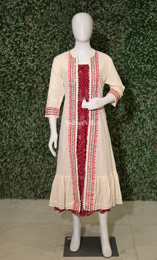 Red with Multicolor Floral Printed Shrug Gown
