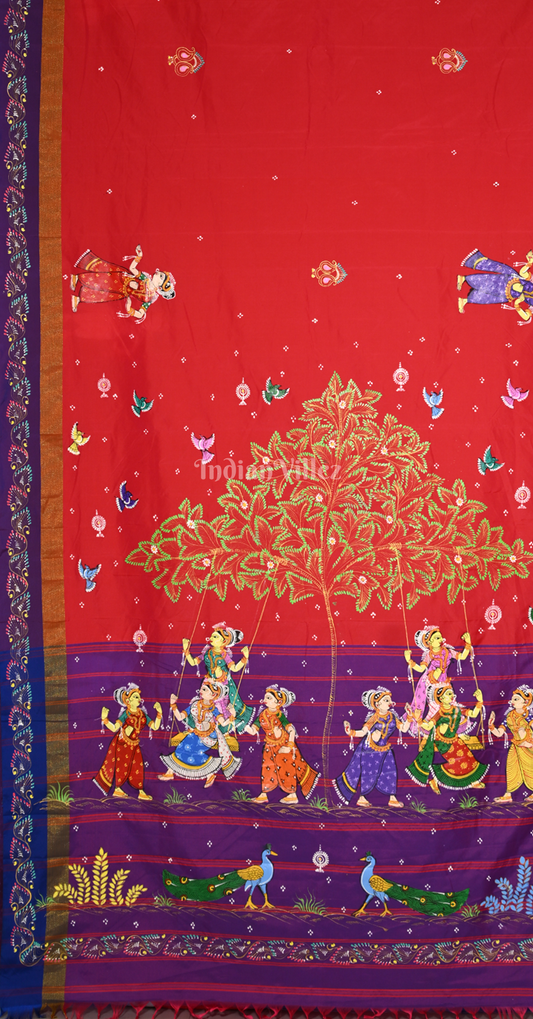 Red Purple Raja Doli Theme Hand-Painted Pattachitra Saree