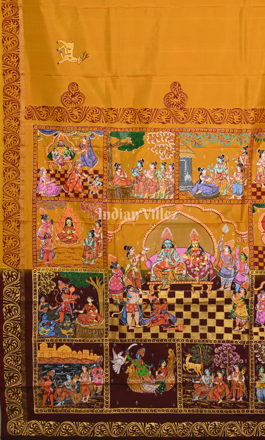 Mustard Yellow Maroon Ramayan Theme Hand-Painted Pattachitra Saree