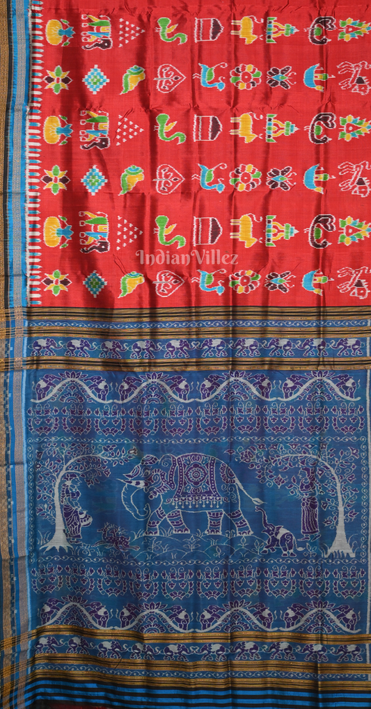 Red Blue Nabarangi Nabakothi Odisha Ikat Khandua Silk Saree