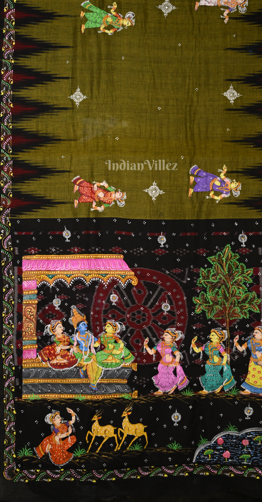 Mehendi Green Black Krishna Raas Leela Hand-Painted Pattachitra Saree