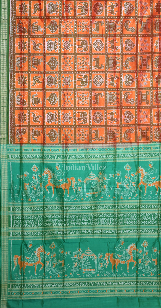 Rust Orange with Sea Green Nabakothi Odisha Ikat Sambalpuri Silk Saree
