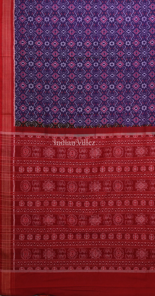 Purple Red Flower Motif Odisha Ikat Sambalpuri Cotton Saree