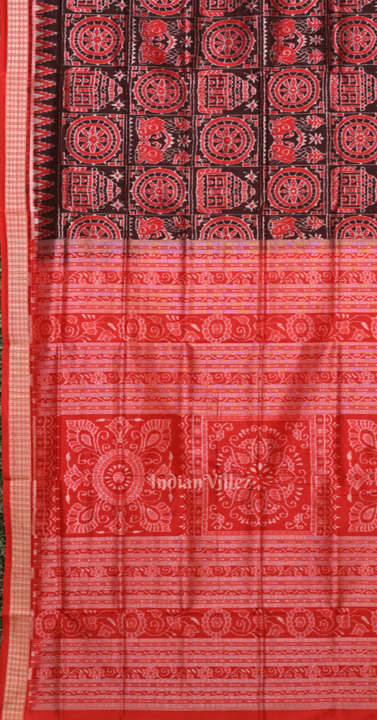 Coffee Red Konark Temple Chakra Odisha Ikat Sambalpuri Silk Saree