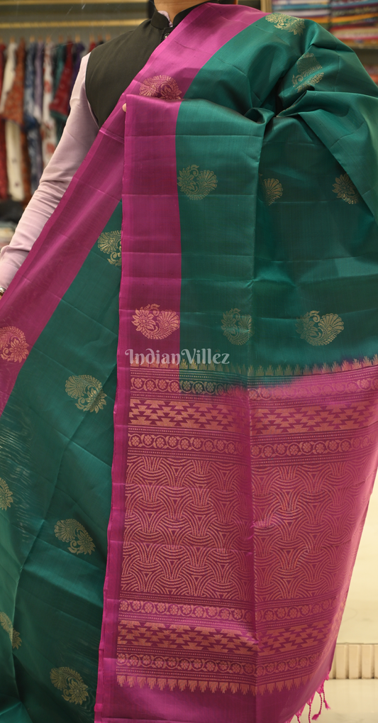 Teal Green Magenta Pink Zari Pure Kanjivaram Soft Silk Saree