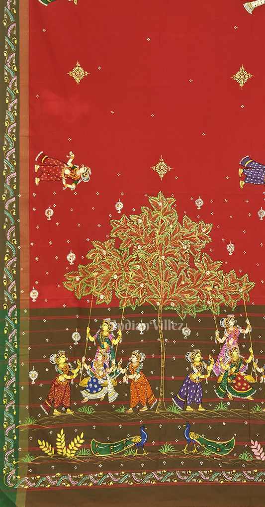 Red Olive Green Raja Doli Theme Hand-Painted Pattachitra Saree