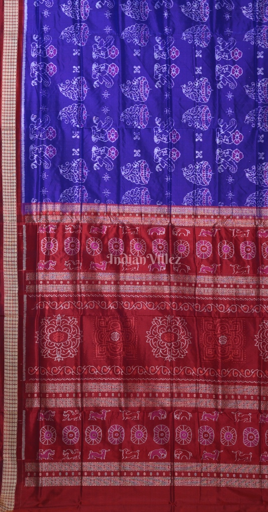 Blue Maroon Jhoti Theme Odisha Ikat Sambalpuri Silk Saree