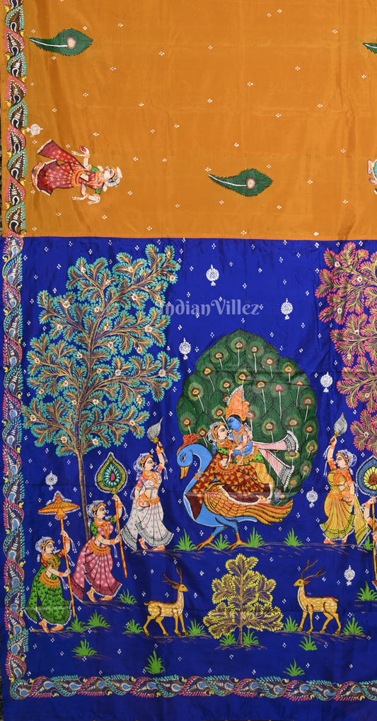Mustard Yellow Blue (Mayur) & Nartaki Theme Hand-Painted Pattachitra Saree