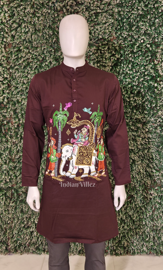 Coffee Kandarpa Hati (Elephant) Hand-Painted Pattachitra Kurta