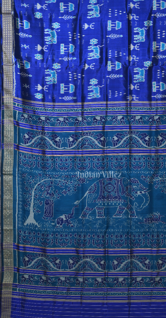 Royal Blue House Tribal Motif Odisha Ikat Sambalpuri Silk Saree