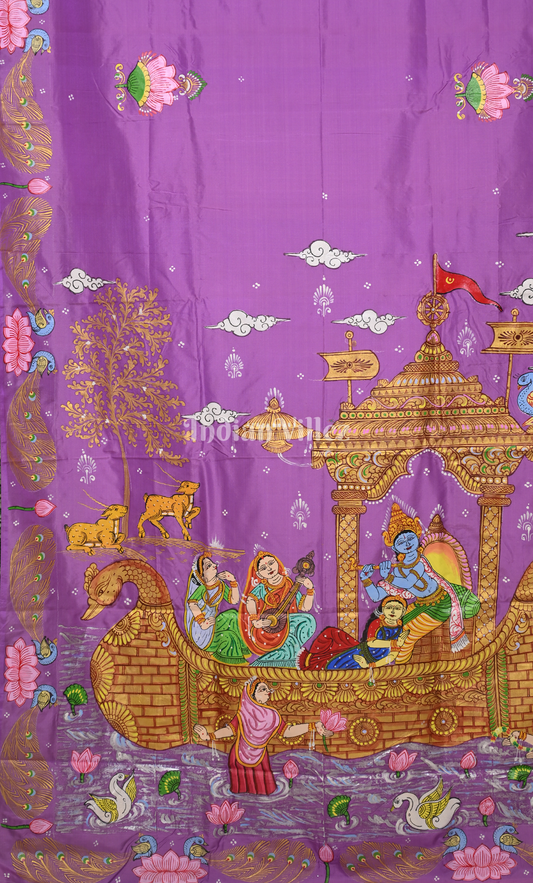 Lavender Nabakeli Boita Hand-Painted Pattachitra Saree