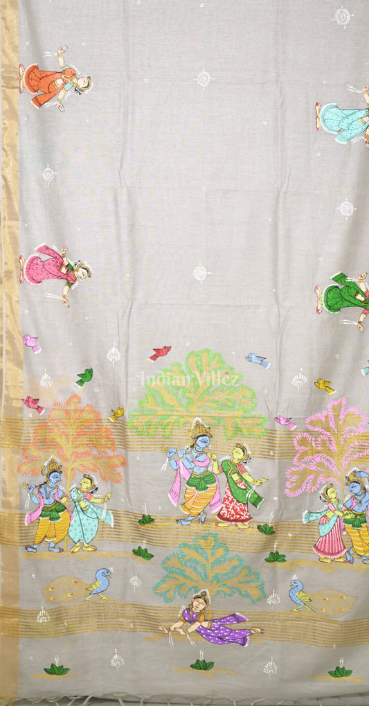 Grey Krishna Raas Leela Hand-Painted Pattachitra Saree