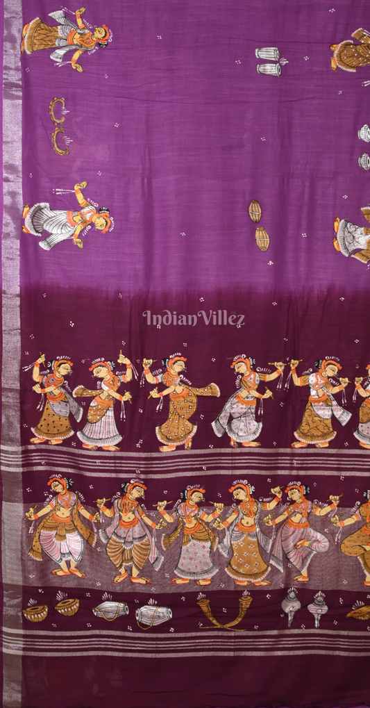 Purple Maroon Nartaki Theme Hand-Painted Pattachitra Saree