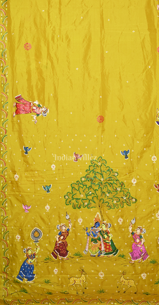 Mustard Yellow Krishna Raas leela Hand-Painted Pattachitra Saree