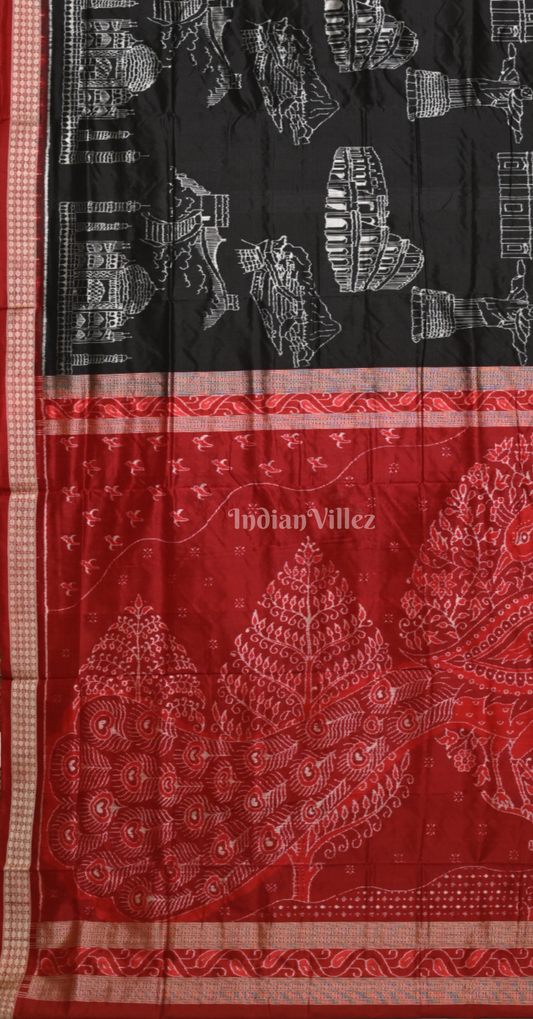 Black Red Natural Dyed Odisha Ikat Sambalpuri Silk Saree ( 7 Wonders of the World)
