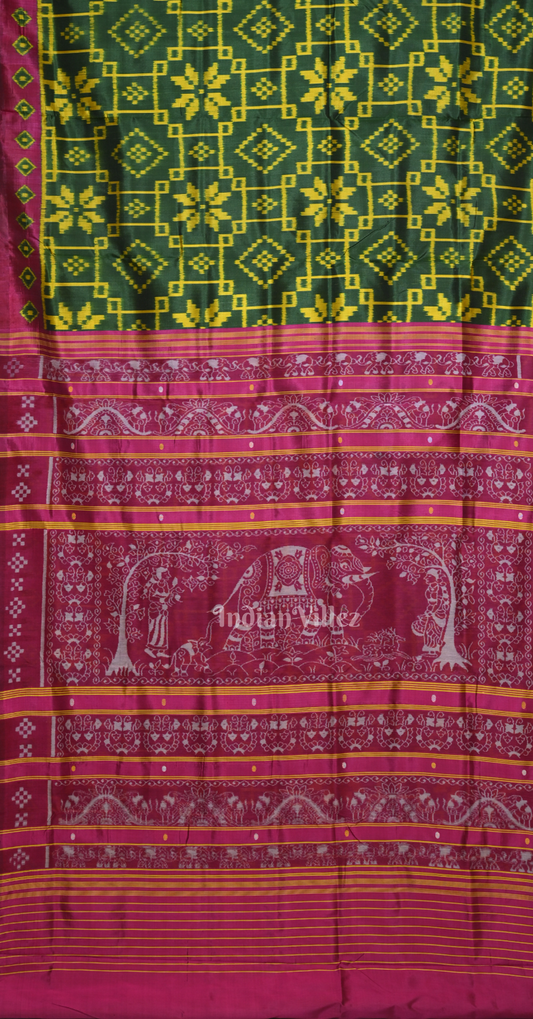Green Magenta Pink Telia Rumal Contemporary Designer Saree with Elephant Anchal