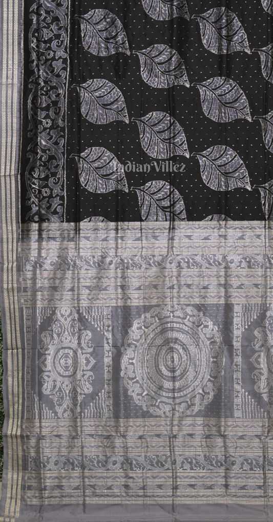 Black Grey Peepal leaves Motif Odisha Ikat Sambalpuri Silk Saree