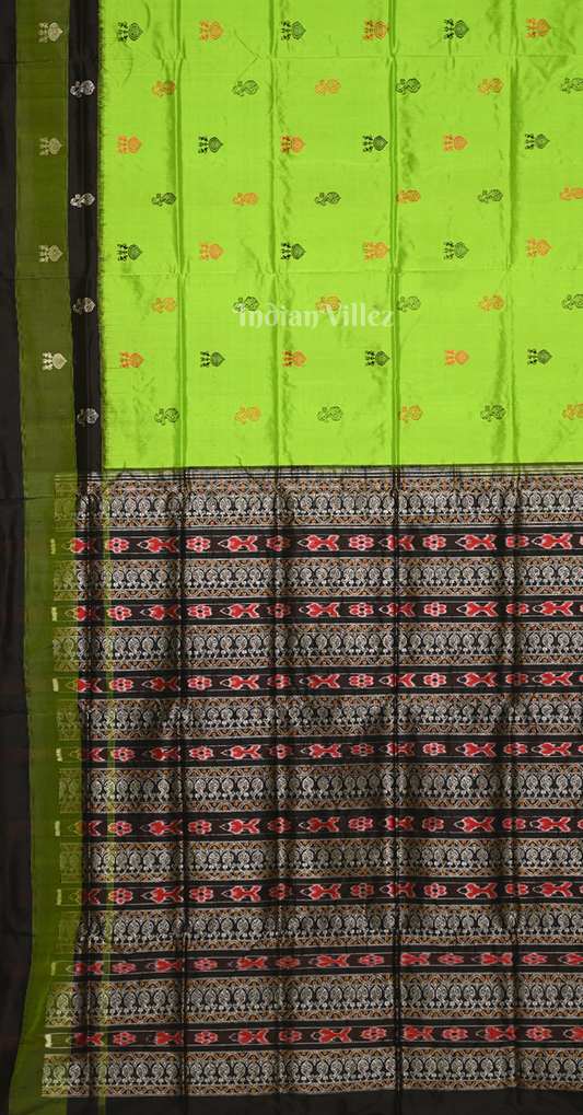 Neon Green Black Tribal Dipa Theme Odisha Ikat Bomkai Sambalpuri Silk Saree