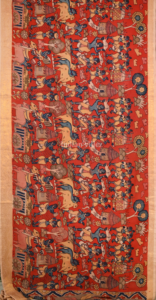 Red Cream Hand-Painted Natural Dye Cotton Kalamkari Saree with Peacock Anchal