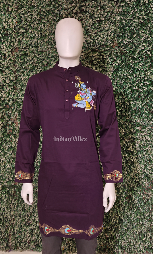 Violet Radha Krishna Murali Theme Hand-Painted Pattachitra Kurta (Cambric Cotton)