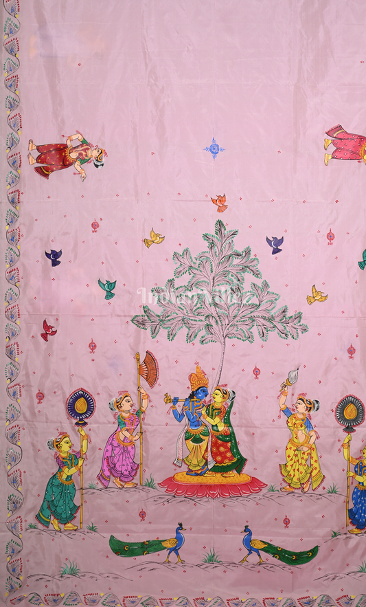 Baby Pink Radha Krishna Raas Leela Hand-Painted Pattachitra Saree