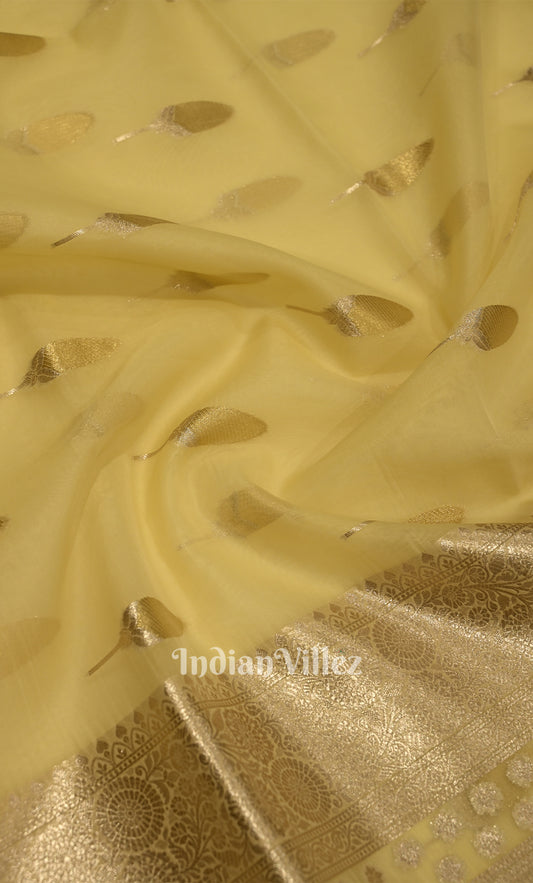 Light Yellow Leaf Motif Chanderi Silk Banarasi Saree