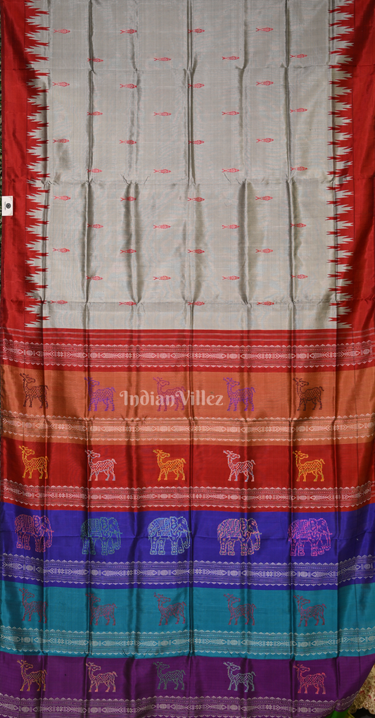 Silver Fish Motif Double Pallu Berhampuri Silk Saree