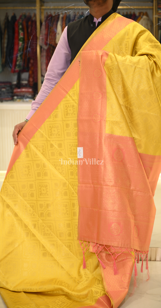 Yellow Peach Pure Zari Base Chaap Hand Woven Kanjivaram Silk Saree