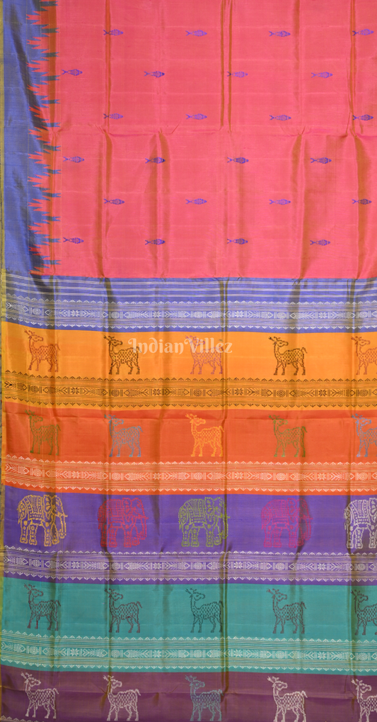 Peach Pink Blue Fish Motif Double Pallu Berhampuri Silk Saree