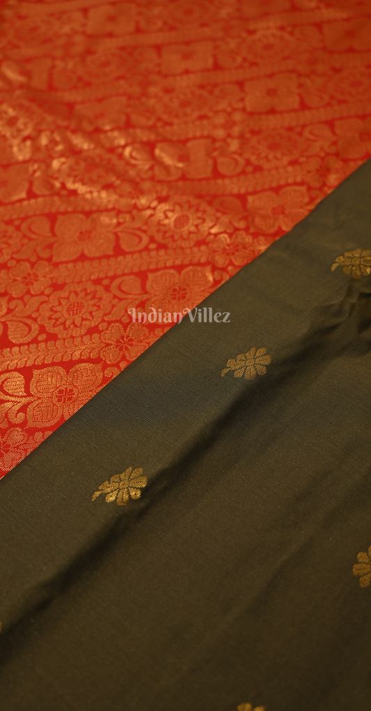Olive Green Red Butta Design Pure Gadwal Silk Saree