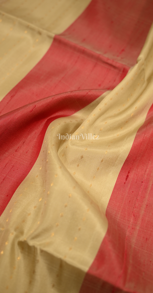 Beige Red Zari Stripped Pure Kanjivaram Soft Silk Saree