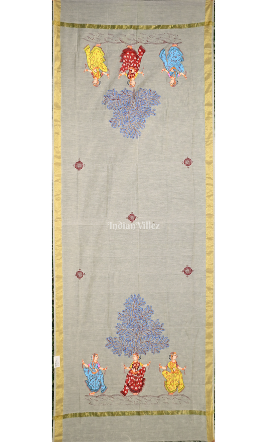White 3 Dancers Dandiya Hand-Painted Pattachitra Chanderi Dupatta