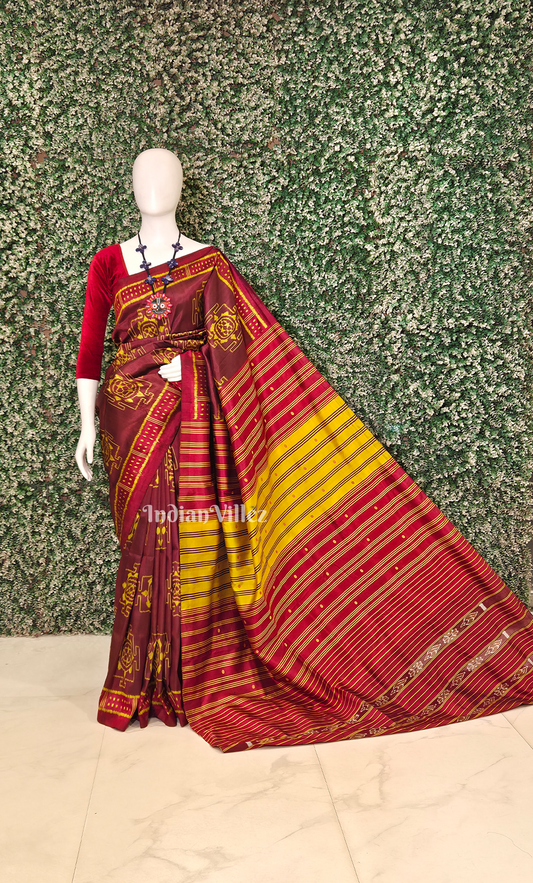 Maroon Yellow Odisha Ikat Contemporary Designer Saree