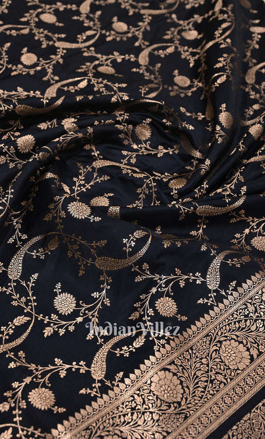 Navy Blue Pure Mashru Satin Silk Banarasi Saree with Jaal PatternPattern