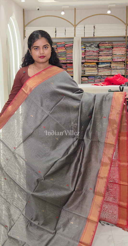 Cement Grey Red Pure Silk Cotton Maheshwari Saree with Zari Border