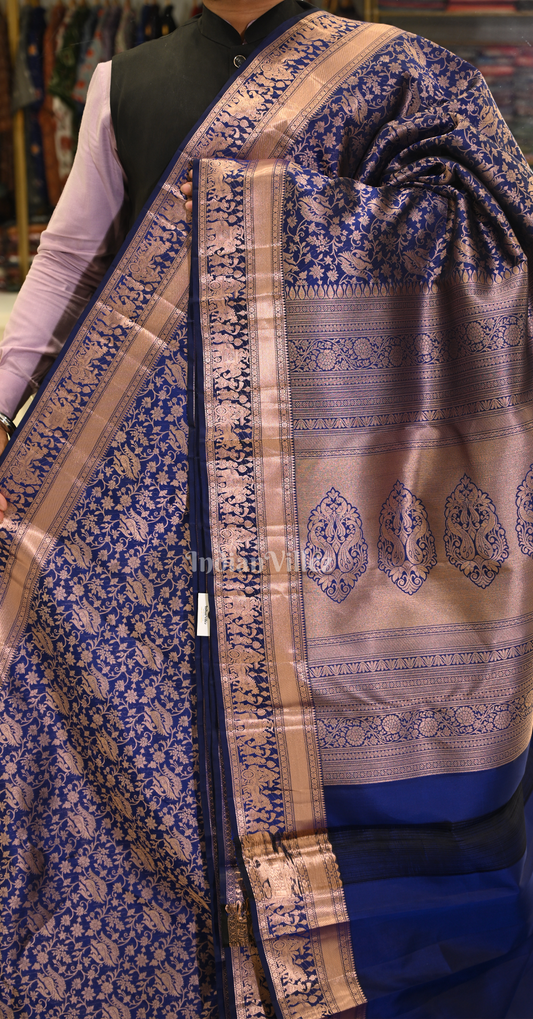 Exclusive Blue Brocade Pure Kanjivaram Silk Saree with Floral & Bird Pattern