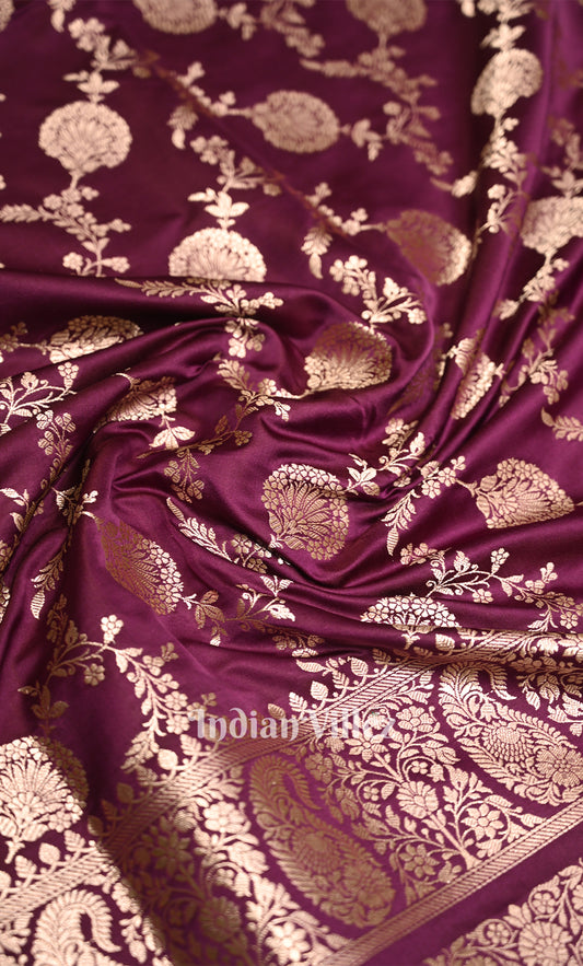 Mulberry Purple Mashru Satin Silk Banarasi Saree With Jaal Pattern