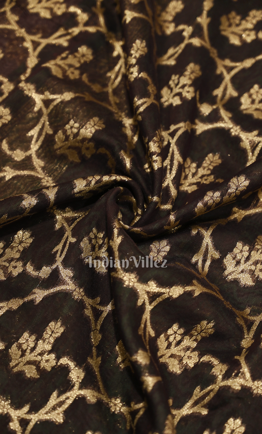 Black Green Floral Work Pure Mashru Satin Silk Banarasi Saree